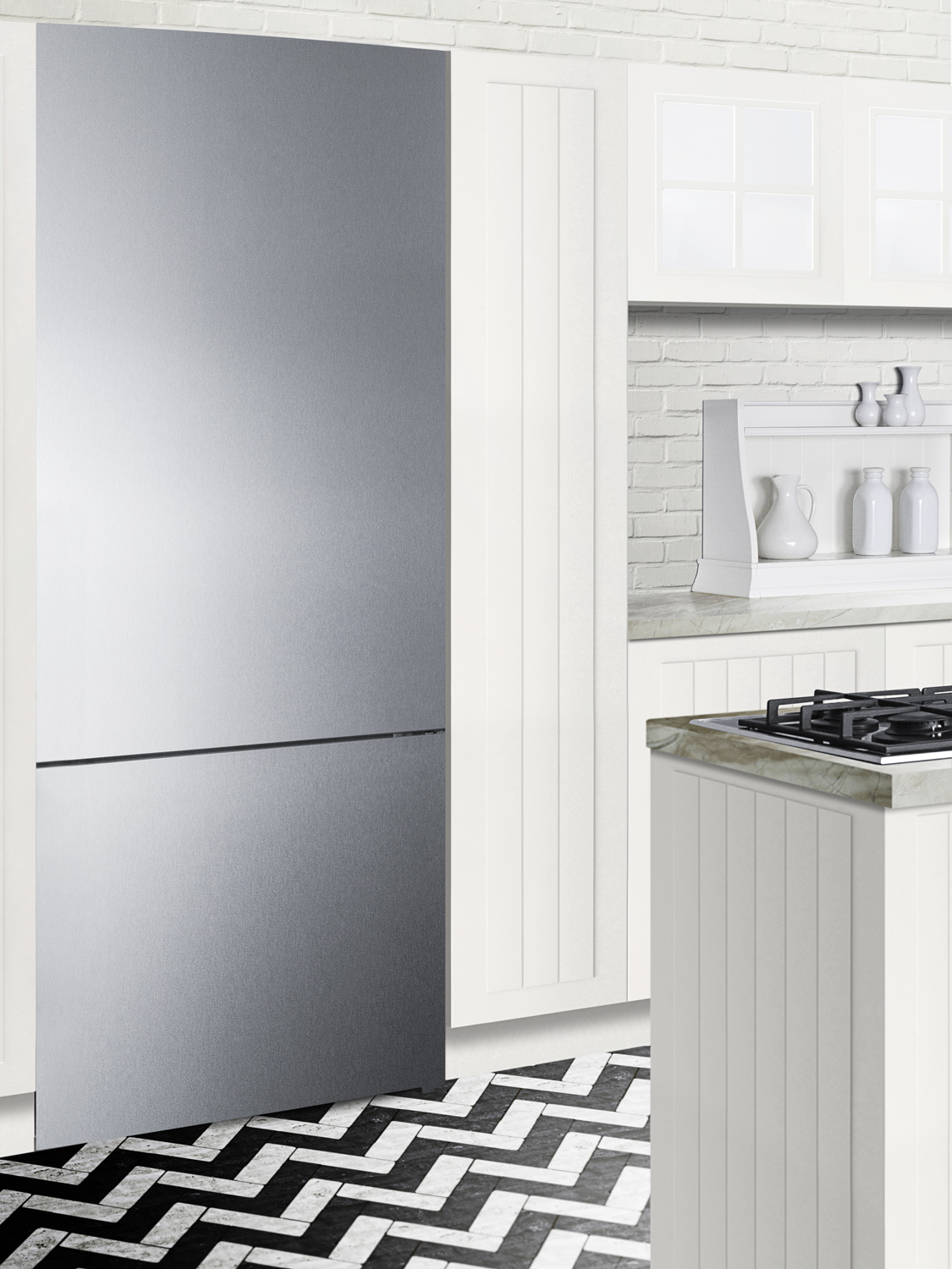 Frost-free bottom freezer refrigerator in stainless steel with factory-installed icemaker and digital controls and a counter depth fit